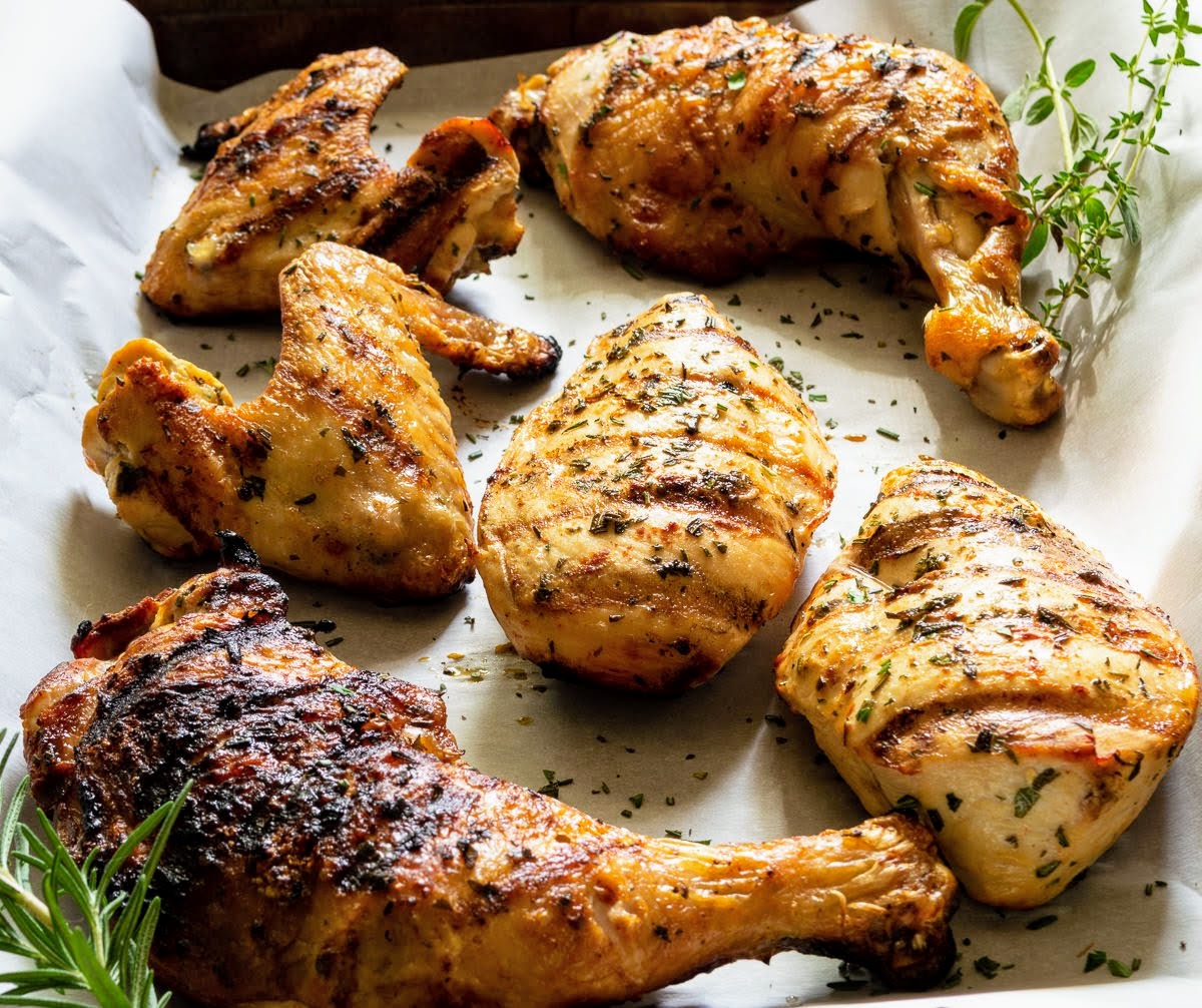 Chicken grilled with a mustard and herb marinade.
