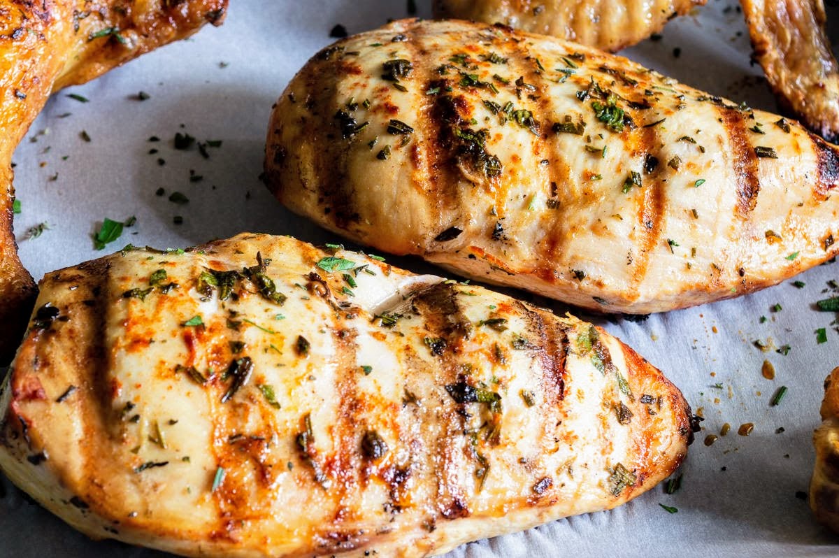Mustard and herb grilled chicken breasts.